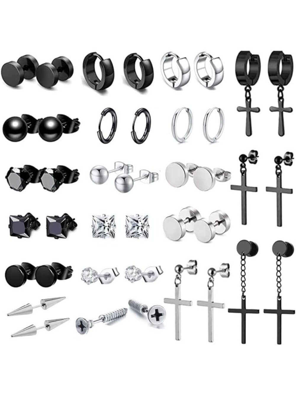20 Pairs Stainless Steel Stud Earrings Set - Black, Silver, Round, Square